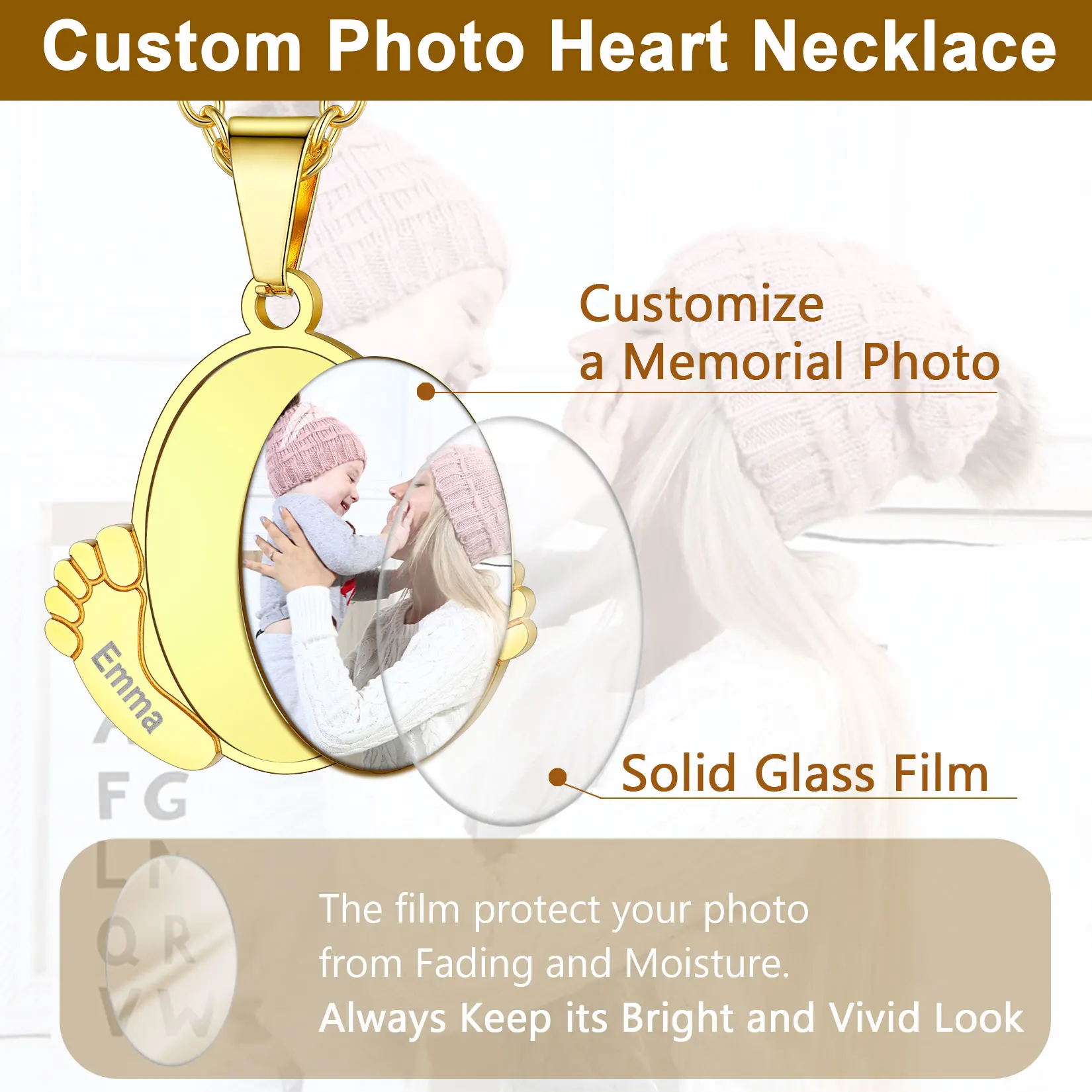 U7 Stainless Steel Personalized Photo Necklace Laser Engrave Name Birthday Date for New Born Baby Footprints Pendant Necklace