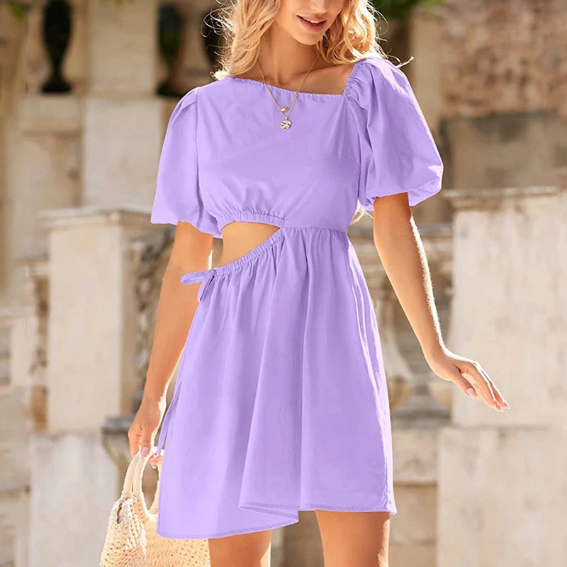 

2024 Summer Short Puffed Sleeve Hollow Dress Casual Solid Color Asymmetrical Neckline A-line Dress