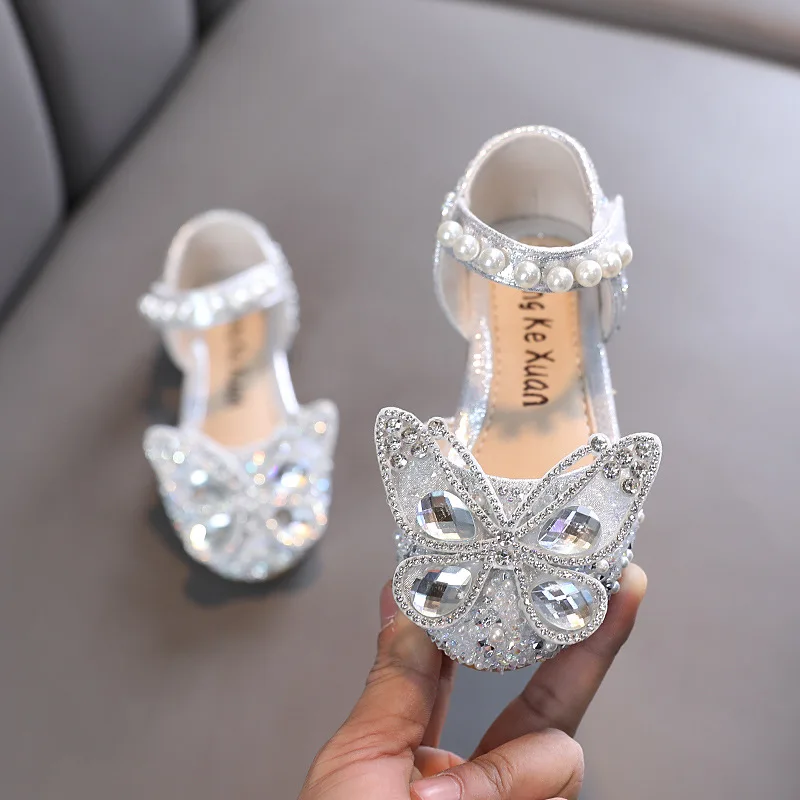 New Summer Girls Princess Sandals Fashion Sequins Rhinestone Bow Girls Sandals Cute Non-slip Flat Shoes Children Sandals