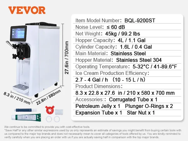 VEVOR Commercial Ice Cream Machine,10.6Qt/H Yield, Single Flavor Countertop Soft Serve Ice Cream Maker, 4L Hopper 1.6L Cylinder