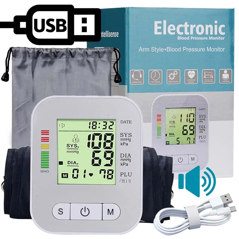 BP Sphygmomanometer English Voice Blood Pressure Monitor Upper Arm Automatic Tonometer Blood Pressure Meter LCD & Cuff Medical