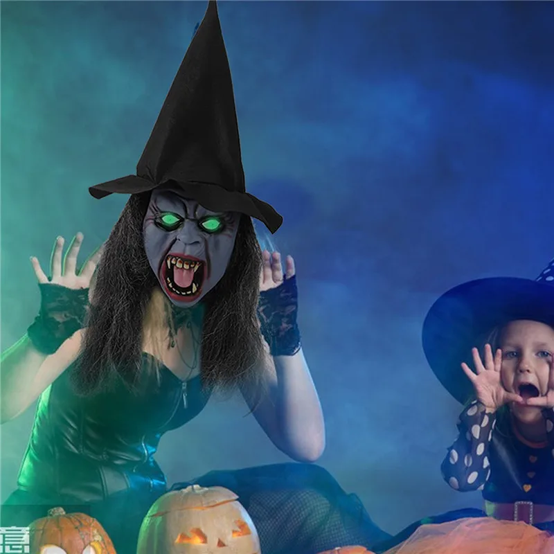 Máscara de bruxa assustadora de velha, máscara de bruxa assustadora de  Halloween com cabelo preto e chapéu de látex olhos verdes Bruxa máscara  facial