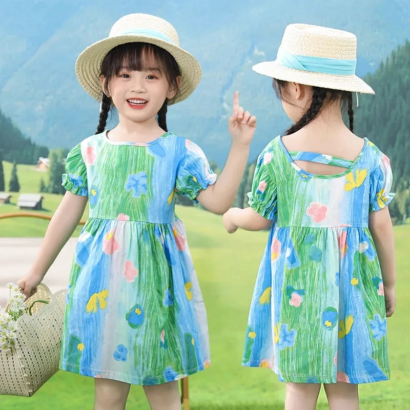 

Toddler Baby Girl's Summer Print Dress Children Cotton Casual Dresses for Girls Floral Blue Daily Dress Outfits fits 2-8Years