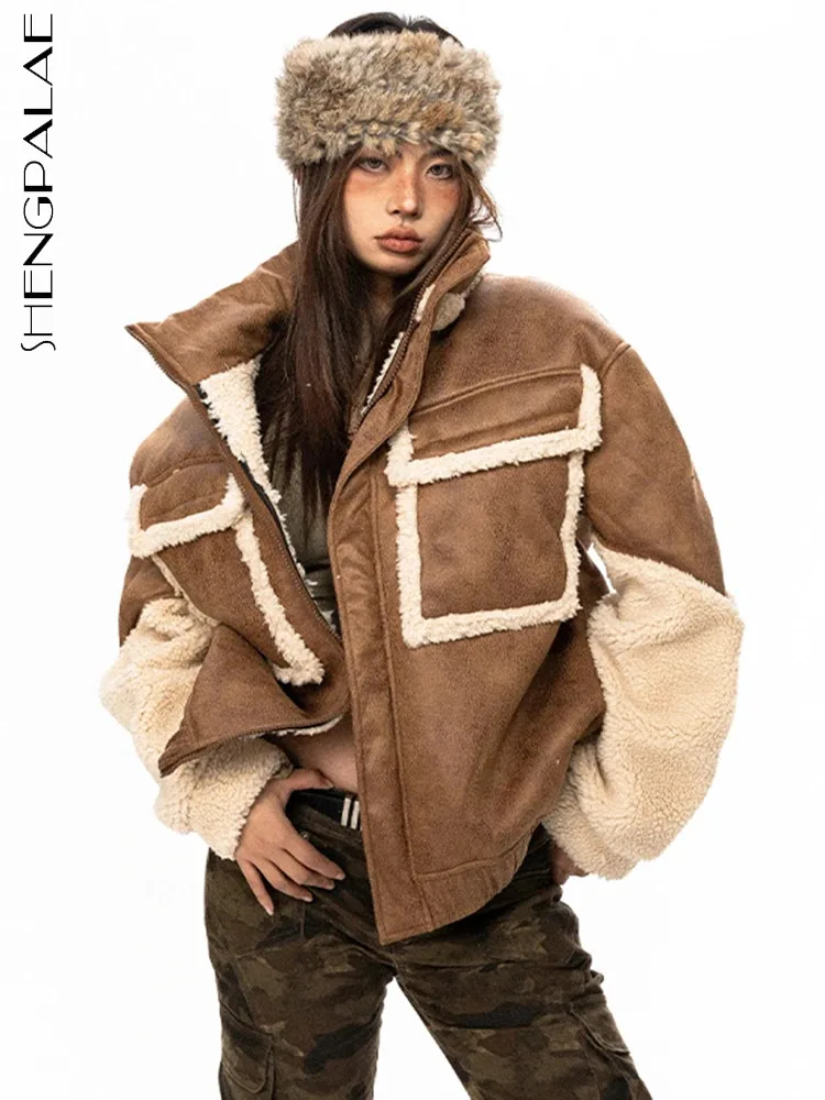 

SHENGPALAE Pu Leather Spliced Lamb Wool Padded Coat For Women Vintage Stand Collar Pockets Cotton Jacket Winter 2023 New 5R8540