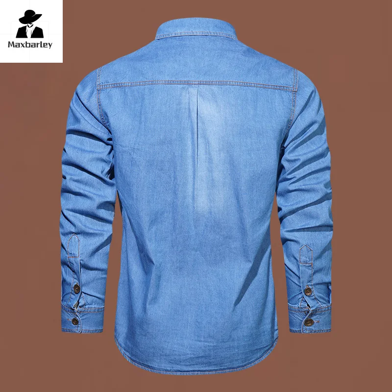 2024 Autumn Denim Shirt Men's Casual Fashion Long Sleeve Multi Pocket Shirt Brand Clothing high quality Retro Blue Denim Coat