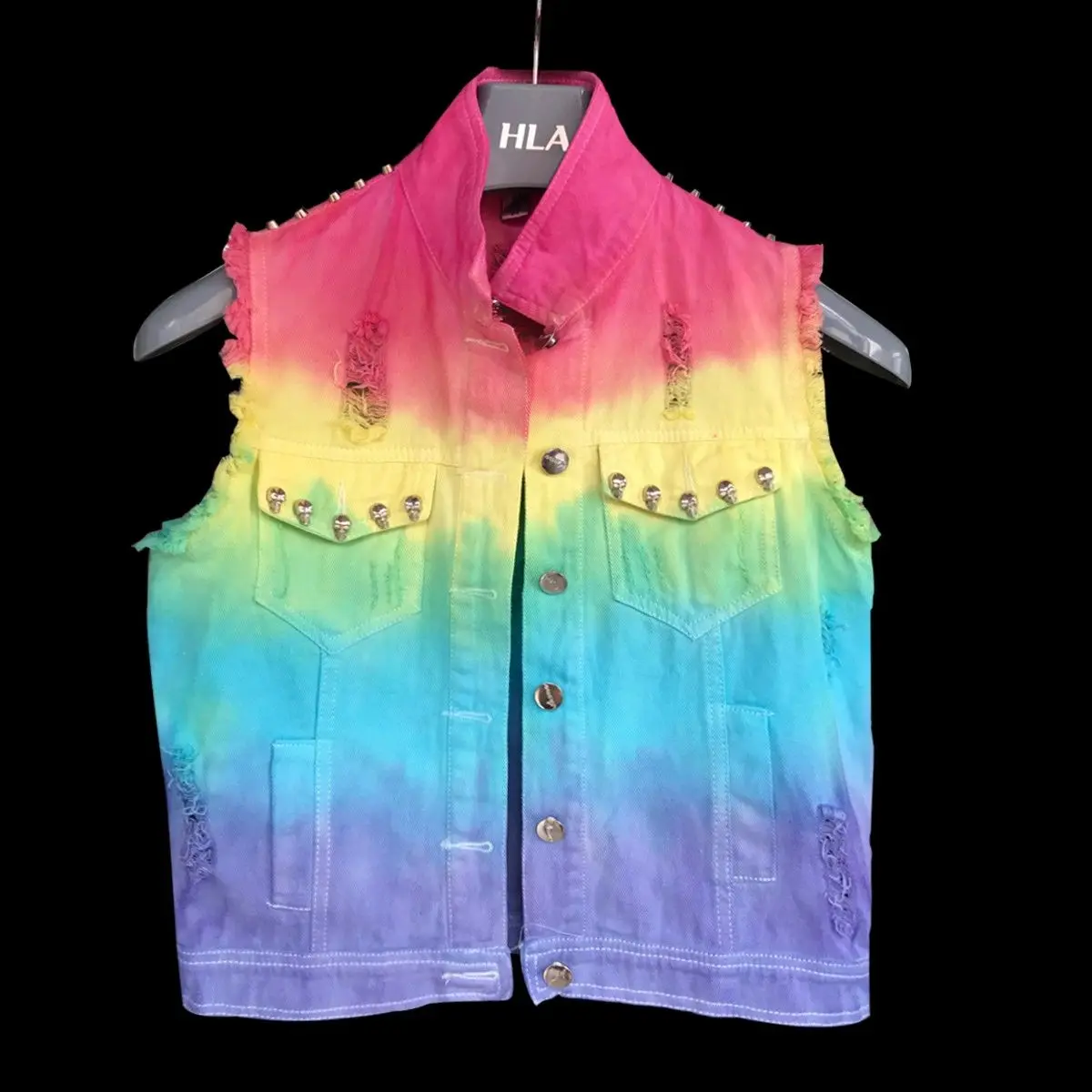 

Japanese street broken holes rivets tiedye denim vest vest female tide soft girl rainbow gradient horse clip variable jacket top