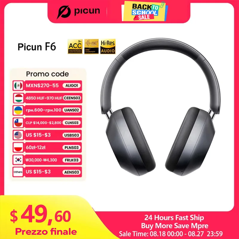 Picun F6 Active Noise Cancelling Wireless Headphones Head Tracking 3D Audio 40mm Hi-Res ANC Bluetooth Headset HIFI APP Control