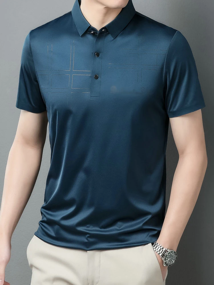 

Men Business Smart Casual Polo Shirts Green Blue Plaid Elegant Tees Male Turn Down Collar Short Sleeve Tops Comfort Cozy Clothes