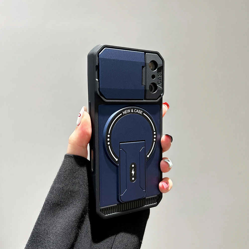 Enhanced Magnetic Folding Bracket Phone Case with Flip Lens Protection and Stand Cover