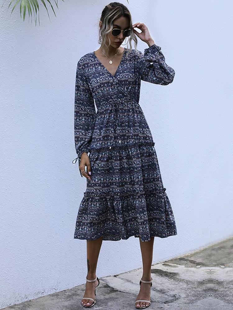 

Spring/Summer Leisure Royal Blue Elegant Sexy Slim Fit Dress Retro Design Fashion V-neck Korean Edition And Calf Dress