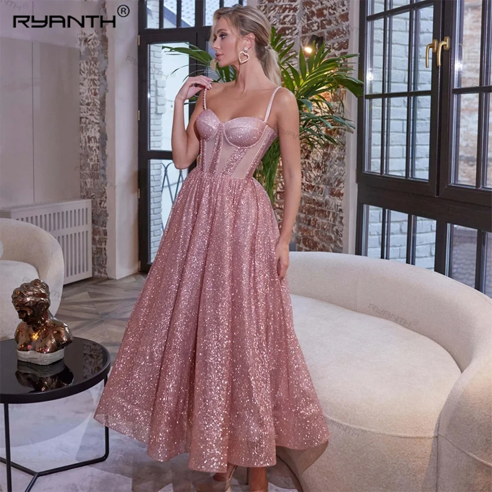 

Ryanth Elegant Pink Sequin Sleeveless Prom Dresses Backless Women Sparkly Evening Party Dress V Neck Celebrity Banquet Dress