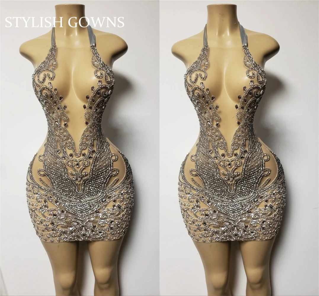 

Sexy Halter Short Prom Dresses For Black Girls Beaded Birthday Party Dress Crystal Diamond Mini Cocktail Homecoming Robe De Bal