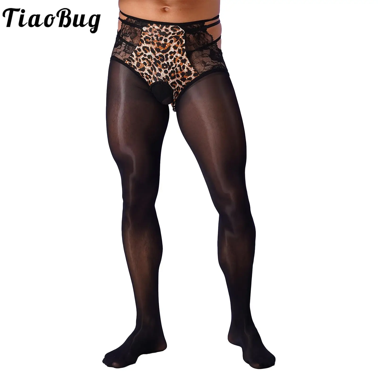 

Mens Oil Shiny Lingerie Pantyhose Double Waistbands Floral Lace Hollow Out 8D High-Density Glossy Tights Stockings for Nightclub