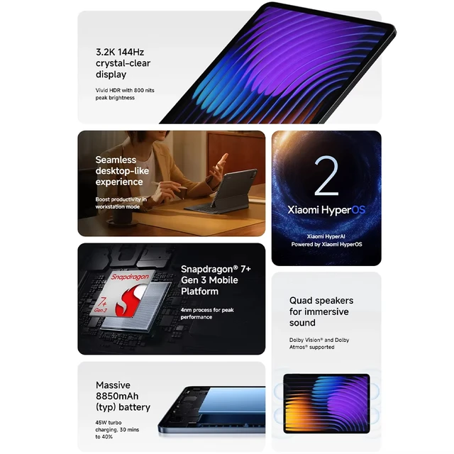 Versione globale Xiaomi Pad 7 Snapdragon 7 + Gen 3 Octa-core CPU Tablet 8850mAh 13MP fotocamera 11.2 "3.2K Display 144Hz 45W ricarica 2