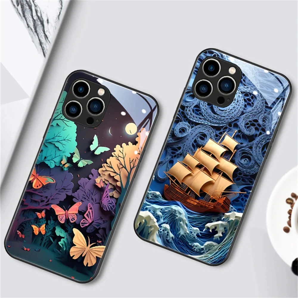 Forest Butterfly Smart LED Light Glow Tempered Glass Phone Case Back Cover For Samsung S24 S23 S22 S21 S20 FE Note 20 Plus Ultra