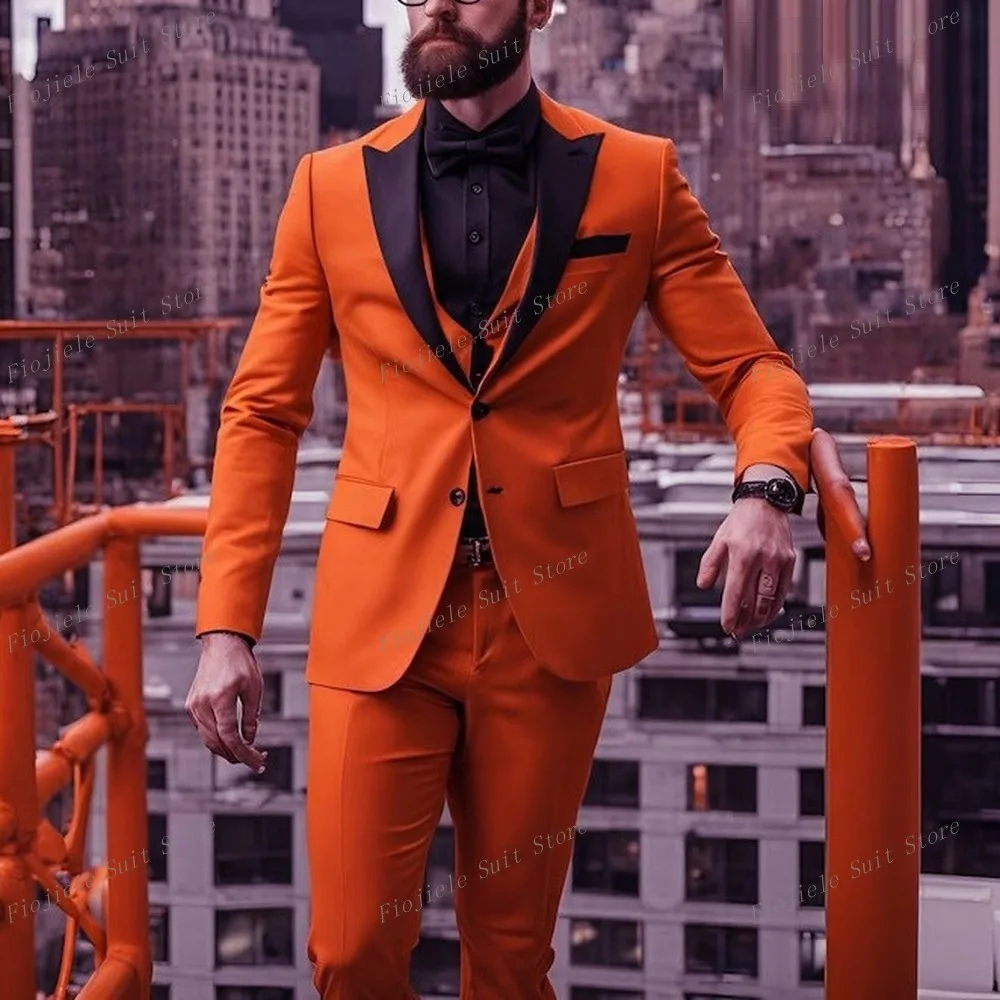 New Black Lapel Dark Orange Business Suit Groom Groomsman Prom Wedding Party Formal Men Tuxedos 3 Piece Set Blazer Vest Pants