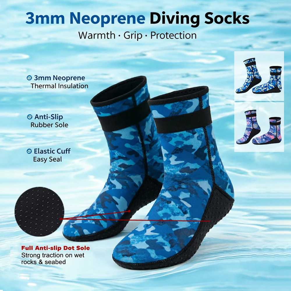 3mm Neoprene Non-Slip Water Sports Socks - Warm Beach and Swim Booties for Surf, Snorkeling, and Diving