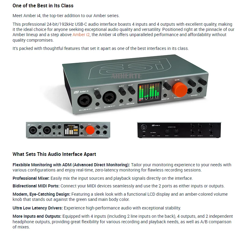 ESI Amber i4 Professional 24비트/192kHz 4입력/4출력 USB-C 오디오 인터페이스 (프로듀서, 스튜디오, 홈 뮤지션, 밴드, 콘텐츠 제작자용)