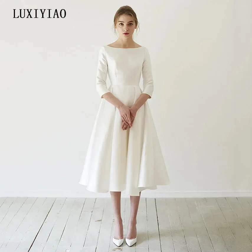 Simple Wedding Dresses Satin Tea length With Sleeve matrimonio vestidosde novia robe-de-mariee Direct China wedding dresses