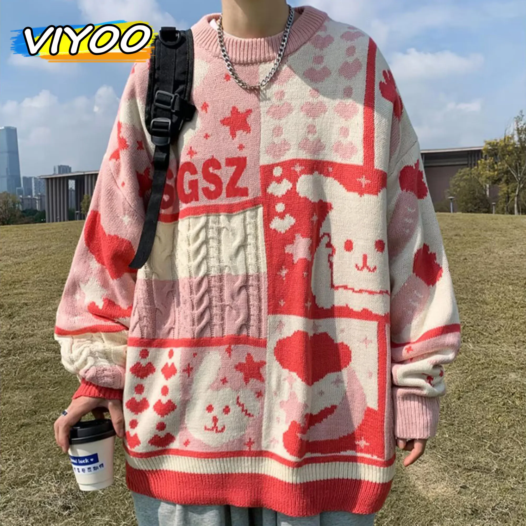 

Men's Cute Cartoon Pink Knitted Sweater Knitwear Loose Couple Sweatshirts Pullovers Korean Fall Winter Clothes For Men