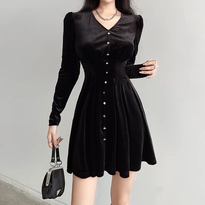 

V Neck Korean Fashion Black Velvet Long Sleeve Mini Dresses for Women Buttons Club Party Pleated Dress Solid Gothic