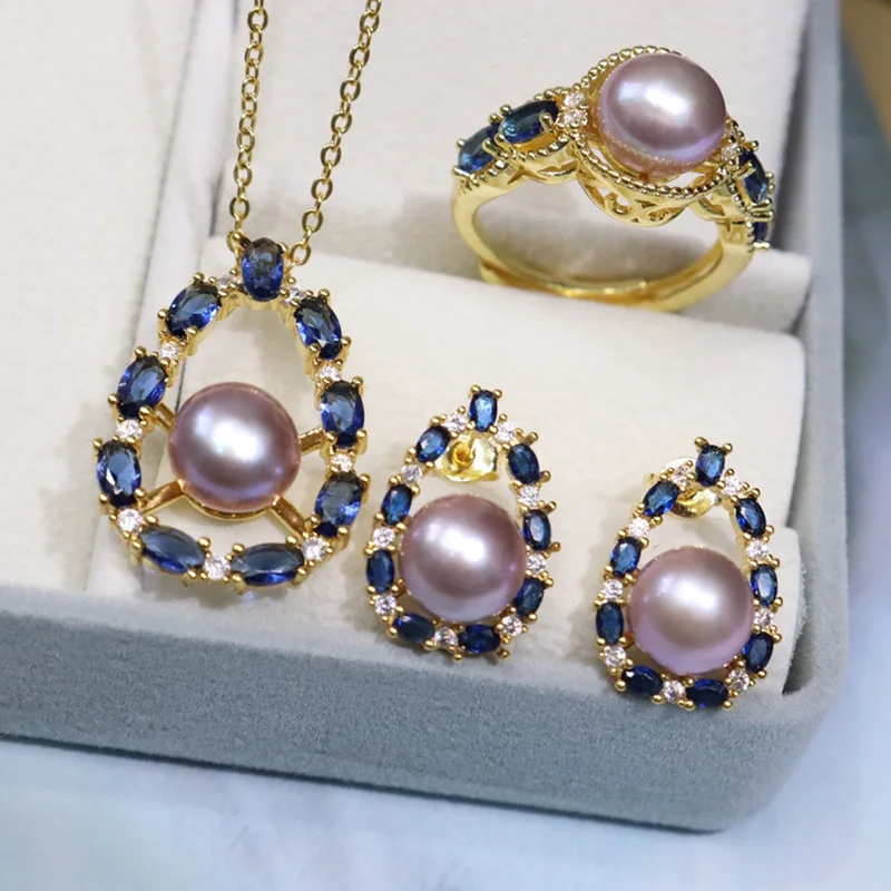 

one set freshwater pearl 8-9mm pendant /earrings/Ring white/ gray/pink/black/yellow/purple drop zircon pendant