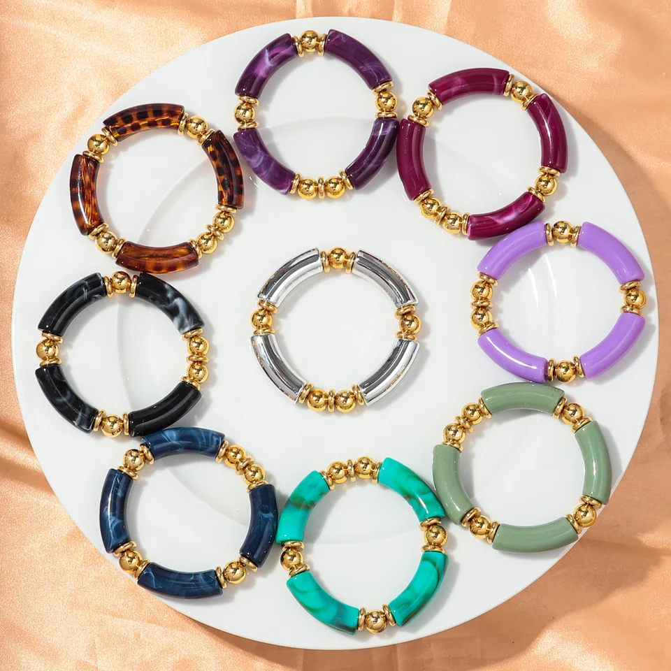 Bamboo Tube Beaded Stretch Bracelet - Colorful Acrylic & Gold Plated Chunky Bangle For Women