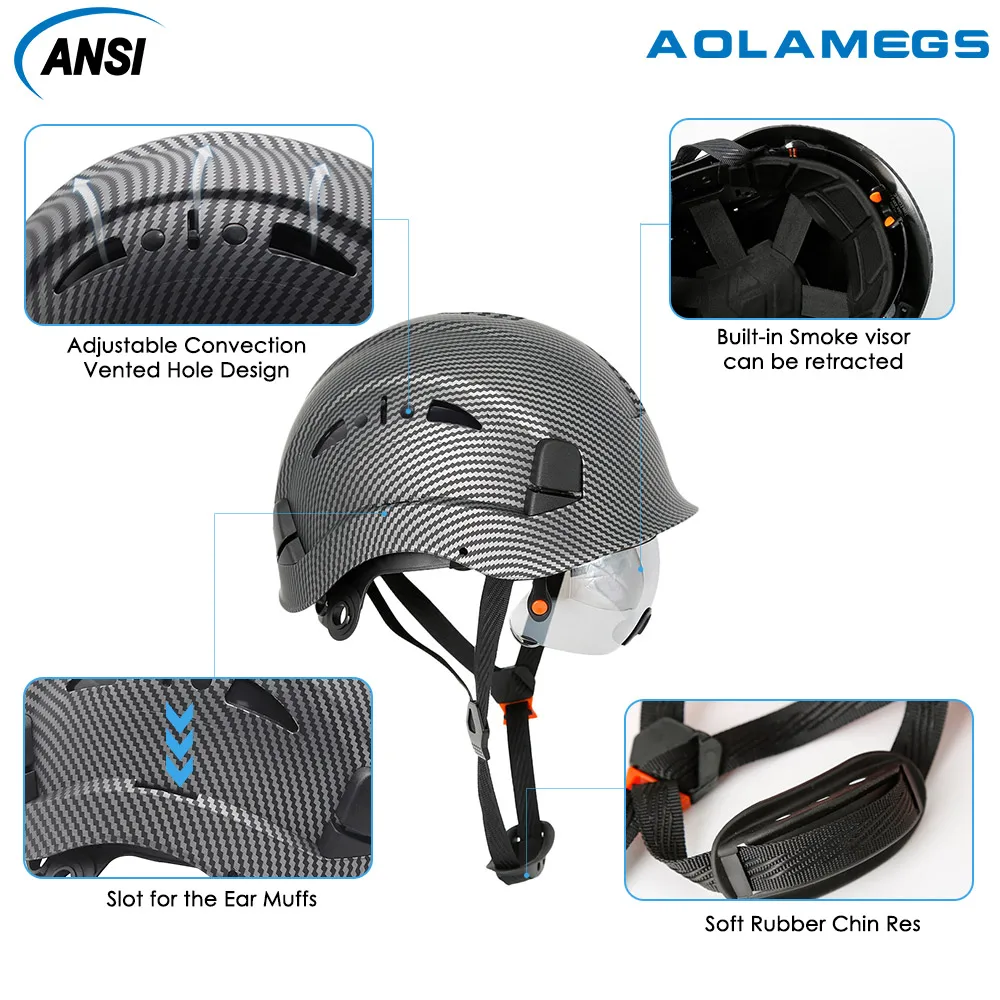 Safety Helmet Tactical Helmet Garden Trimmer Helmet Carbon Fiber Pattern Safety Helmet with Built In Goggle earmuffs for Engineer Hard Hat ANSI Industrial Wora Cap Head Protection