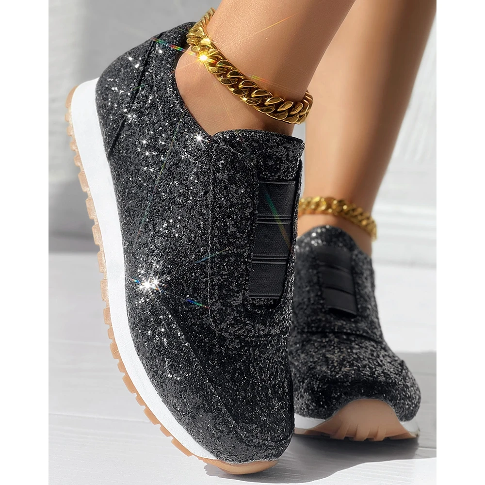 Women Bling Sequin Decor Round Toe Platform Sneakers Autumn Women Casual Daily Flats Shoes 2024 Korean Style Spring Autumn