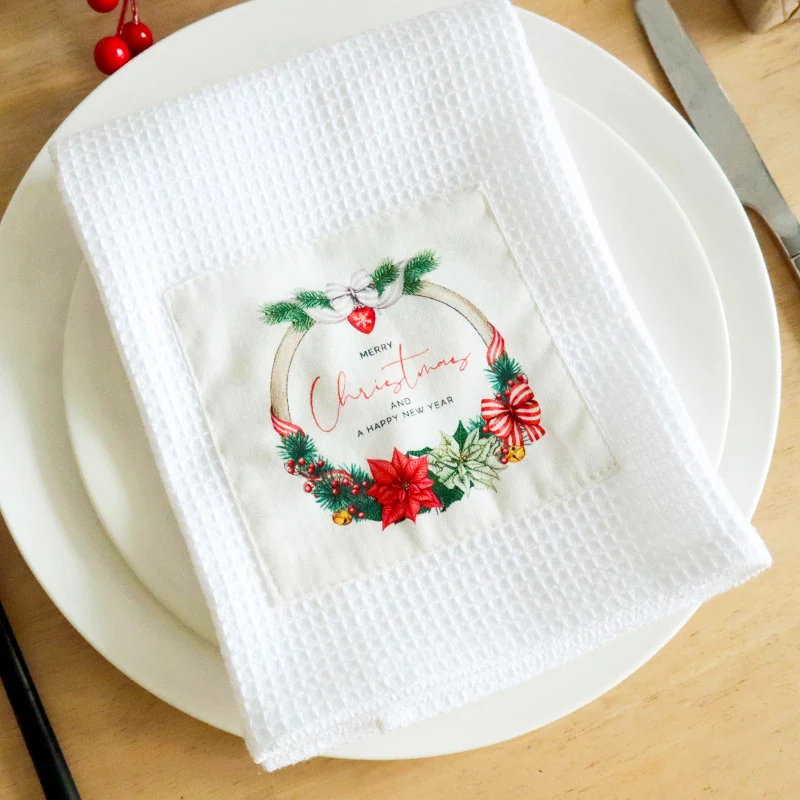 

2 pcs Christmas Table Napkins Waffle-Knit Cotton Cloth Wedding Decoration Absorbent Nontoxic Kitchen Twoel Santa Snow Man Design