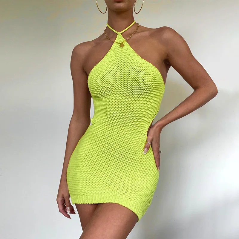 

2023 Halter Sleveless Backless Bandage Knitted Crochet Mini Dress Bodycon Sexy Fall Women Beach Vacation Y2K Clothes