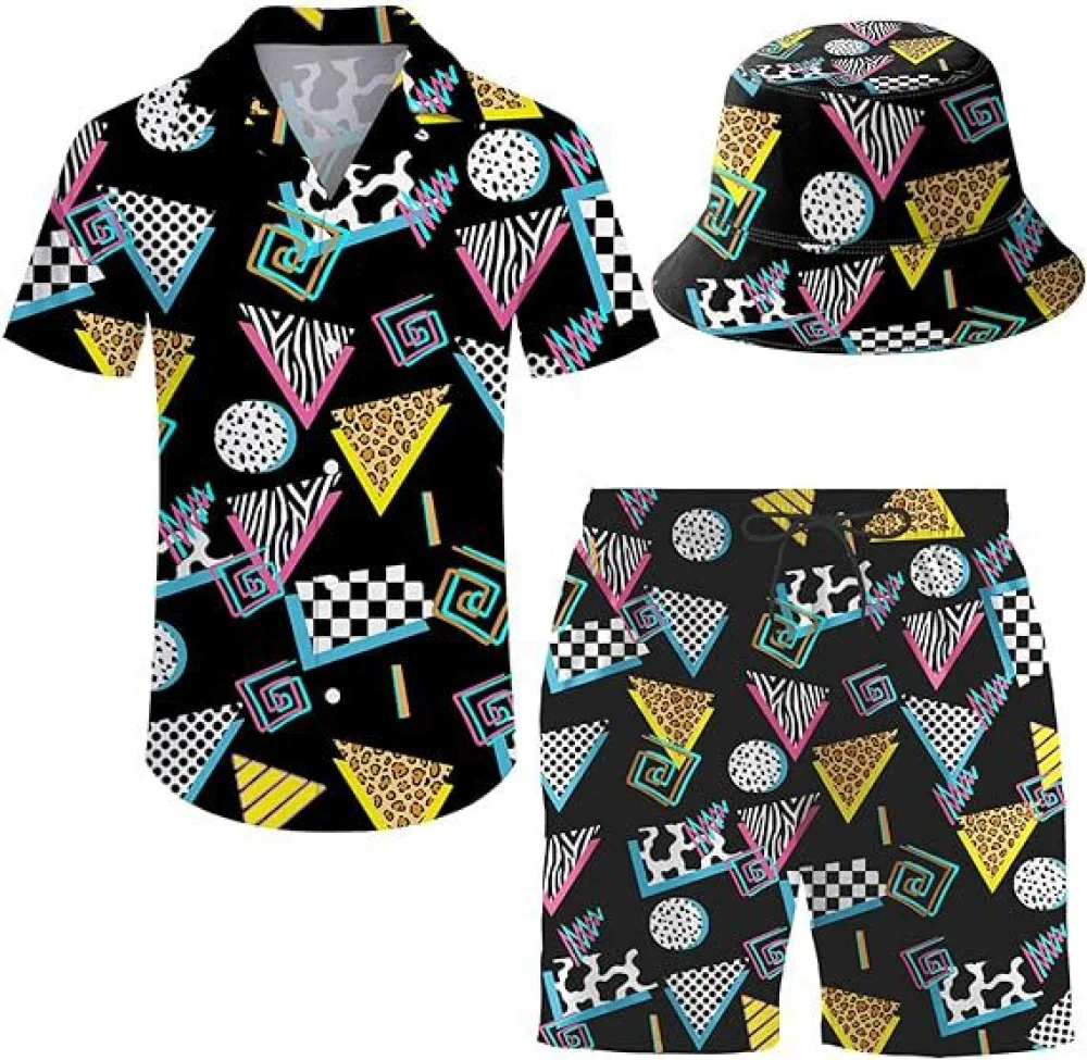 thumbnail image 1 of Conjunto de 2 piezas para hombre, estilo años 80 y 90, camisas y pantalones cortos retro con sombrero, chándal hawaiano para playa, fiesta disco, 1 of 5