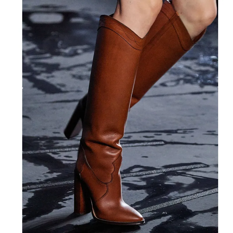 

New High Heel Cow Leather Boots On The Runway High Barrel Thick Heel Fashion Boots European and American Casual Women's Shoes