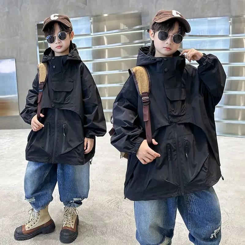 Spring Autumn Solid Korean Fashion New Full Sleeves Zipper Hooded Loose Cargo Coats Handsome Jackets Trench Outerwear