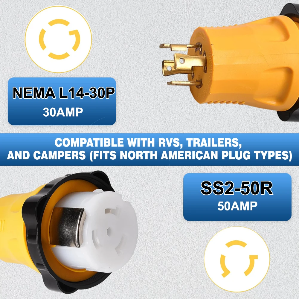 NEMA L14-30P Male to SS2-50R Female 30A to 50A RV Shore Power Generator Adapter Compatible with Camco/Progressive/Renogy