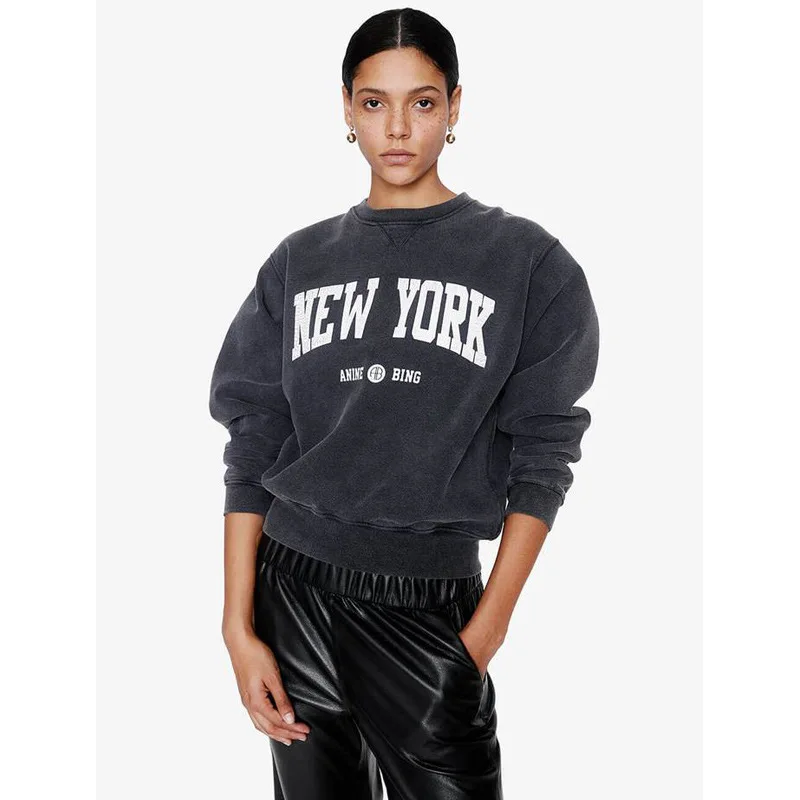 

New Cotton Sweatshirts Letters Printed Wash Water Fried Snow Black Grey Women's Hoodie Youthful Woman Clothes