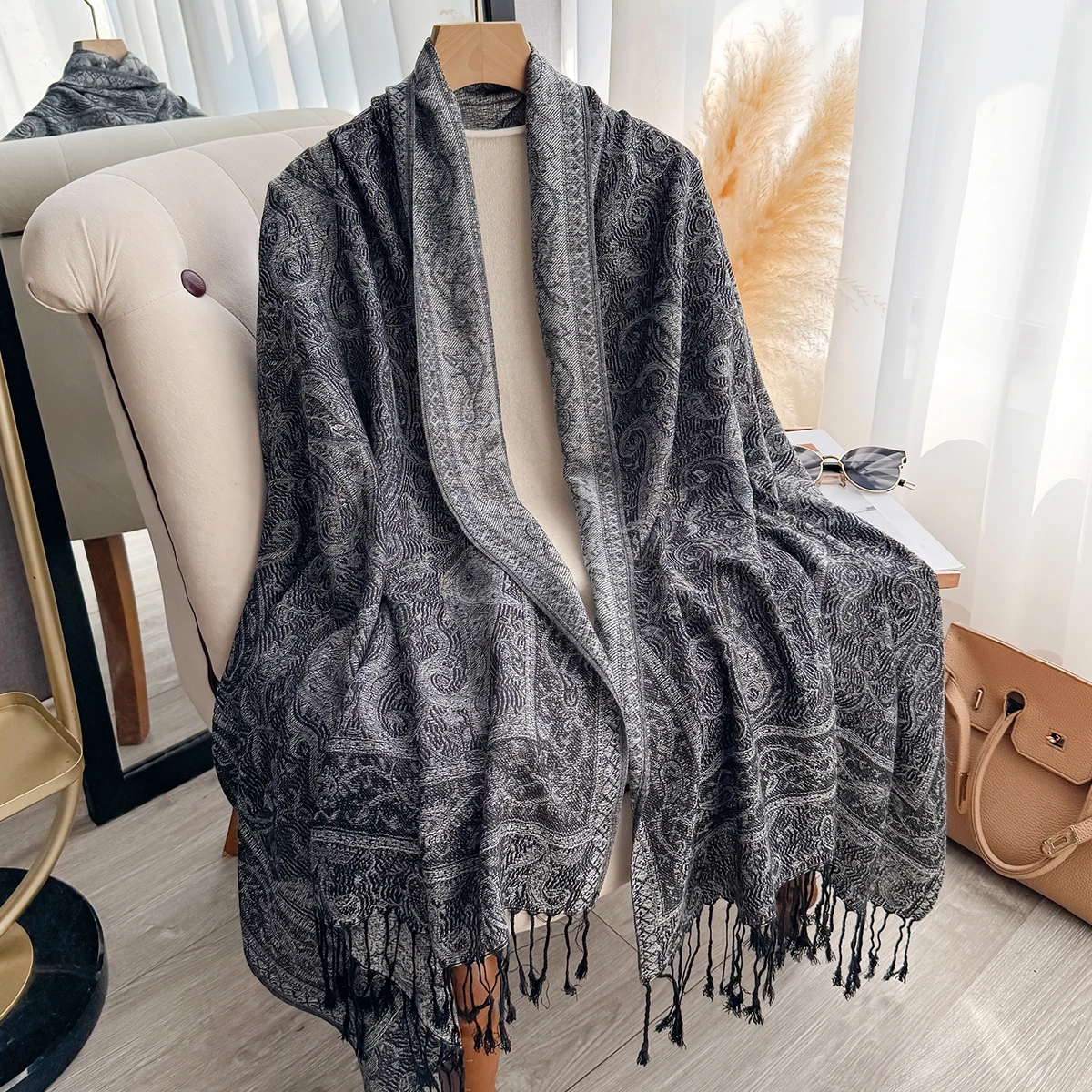 Women's Faux Cashmere Plaid Scarf - Thick Warm Tasseled Printed Pashmina Shawl Wrap, Winter Neckerchief