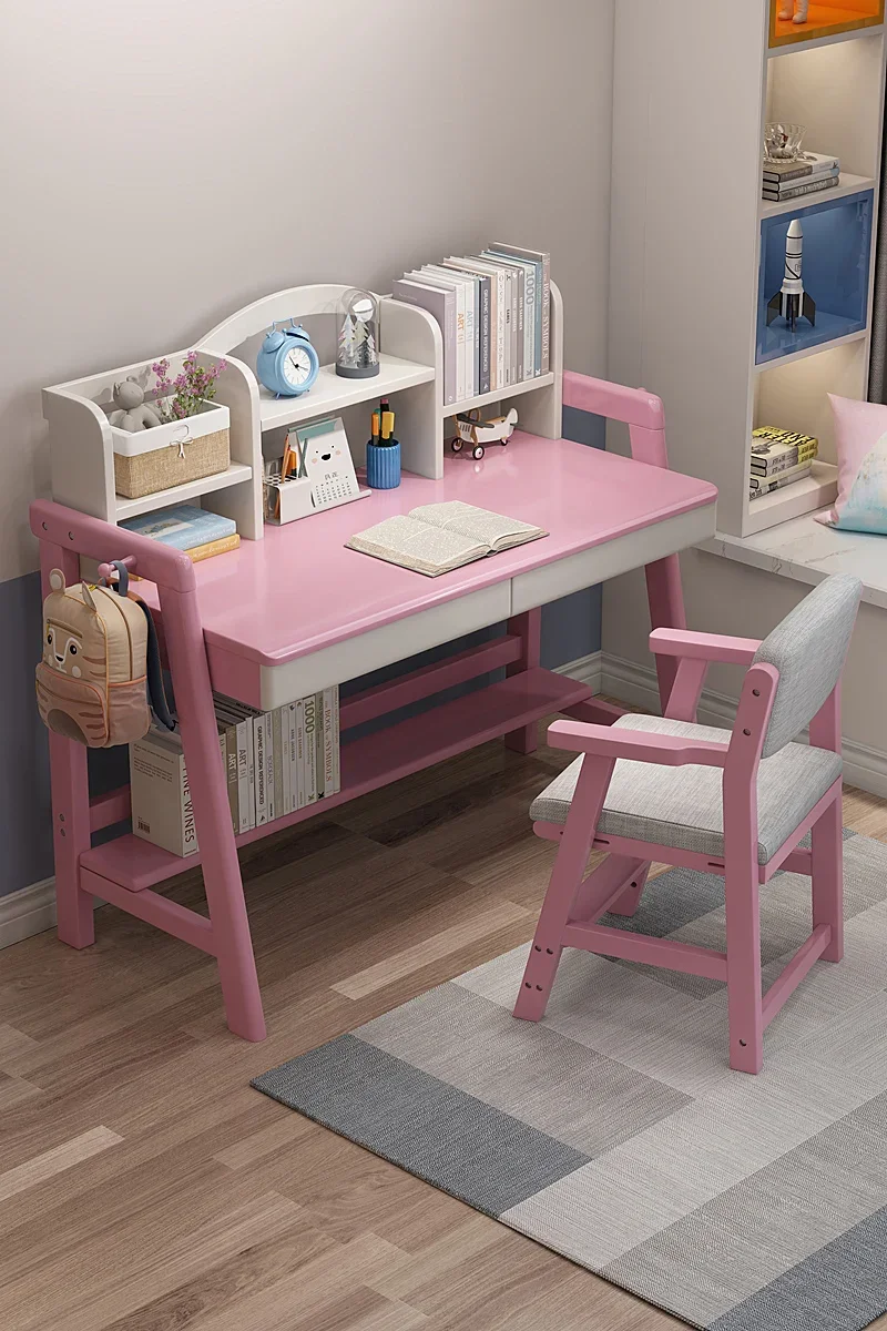 Modern Design School Reading Desk Children Home Office Desk Multifunction Wooden Study Table with Adjustable Chairs