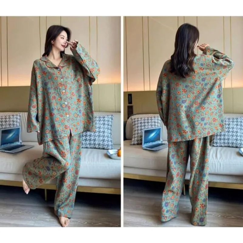 2023 New Extra Large Autumn Long Sleeved Loungewear Design Printed Pajamas Women Loose Fitting Homewear Set V-neck Sleepwear