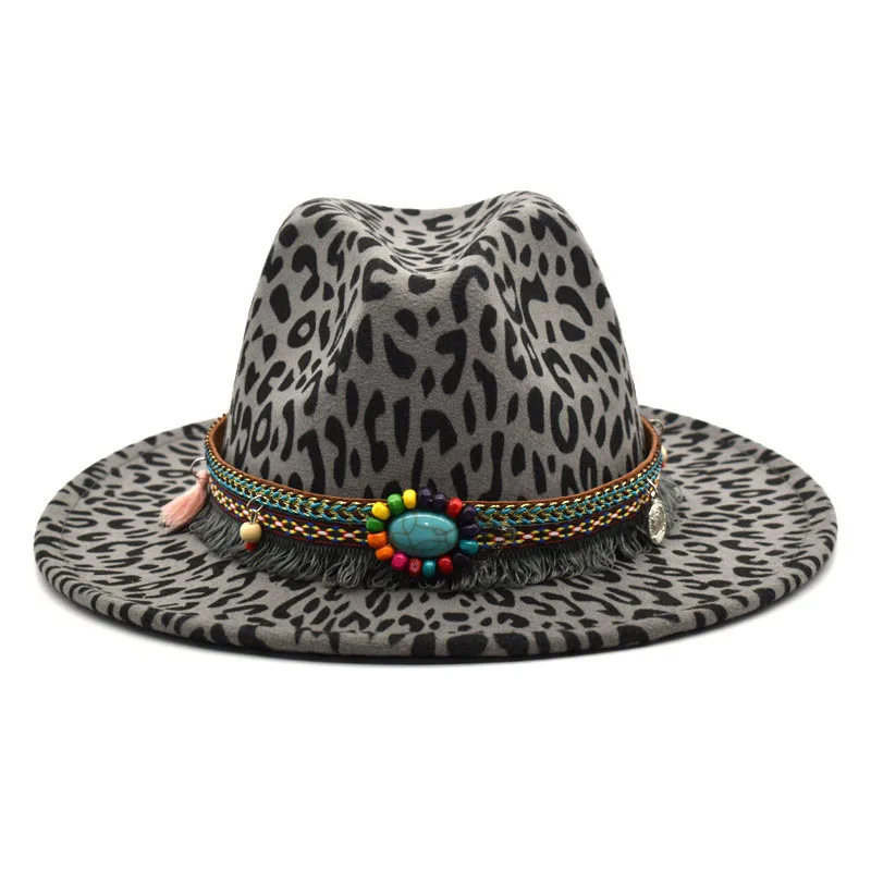 

Leopard Fedora Hats Women Men Trilby Caps Wool Belt Chain Fedoras Fashion Top Jazz Hat Lady Derby Panama Cap 58-60cm