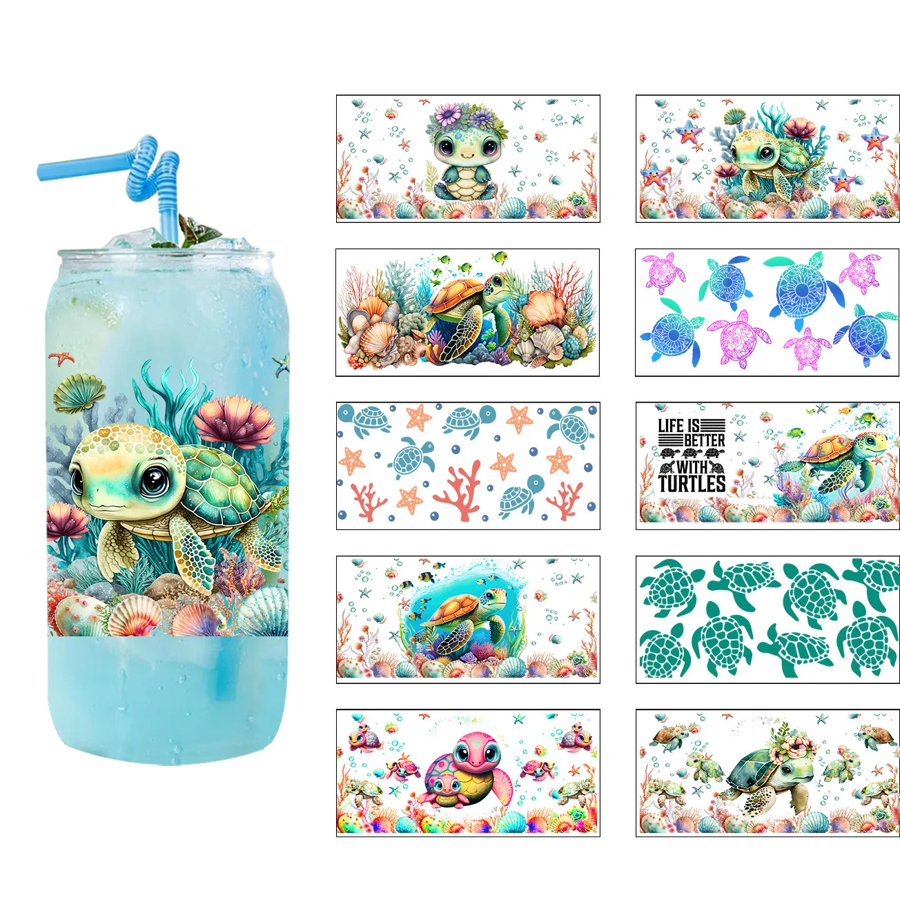 Cute turtle Series easy peel waterproof DIY Decals Retro Beauty 3D transfers uvdtf crystal sticker 16oz uv dtf cup wraps
