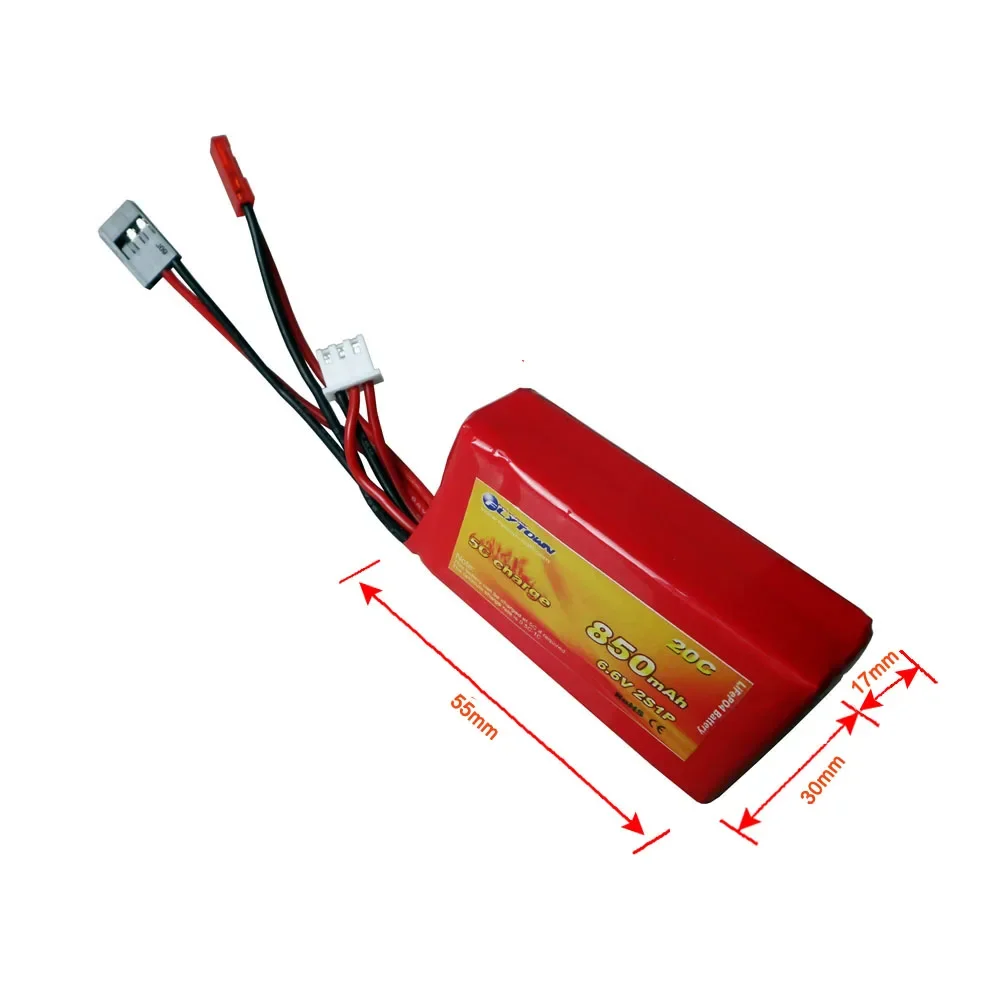 Pack de 2 batteries LiFePO4 Flytown Nano-Tech 850mAh 2S 6.6V posées sur une surface, prêtes pour récepteur et émetteur RC