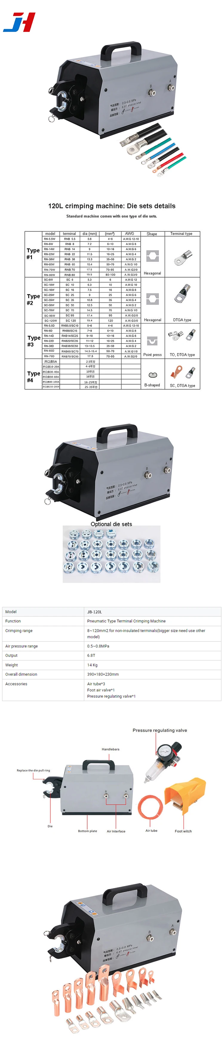 JH-120L Pneumatic Terminal Crimping Machine 8-120mm² Hexagonal Crimping 6.8T Fo