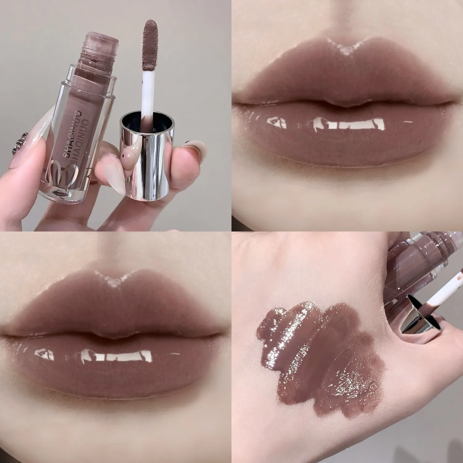 샤키누오 워터 라이트 미러 립글로스 지속적인 보습 쿨 블랙 실버 그레이 펄 광택 미세 반짝임 립스틱 립 오일