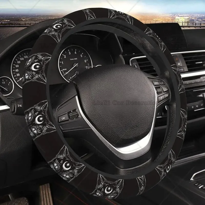 

Cool Cat Witchy Steering Wheel Cover Anti-Slip Steering Wheel Protector Car Interior Decor Accessories for Women Universal 15 In