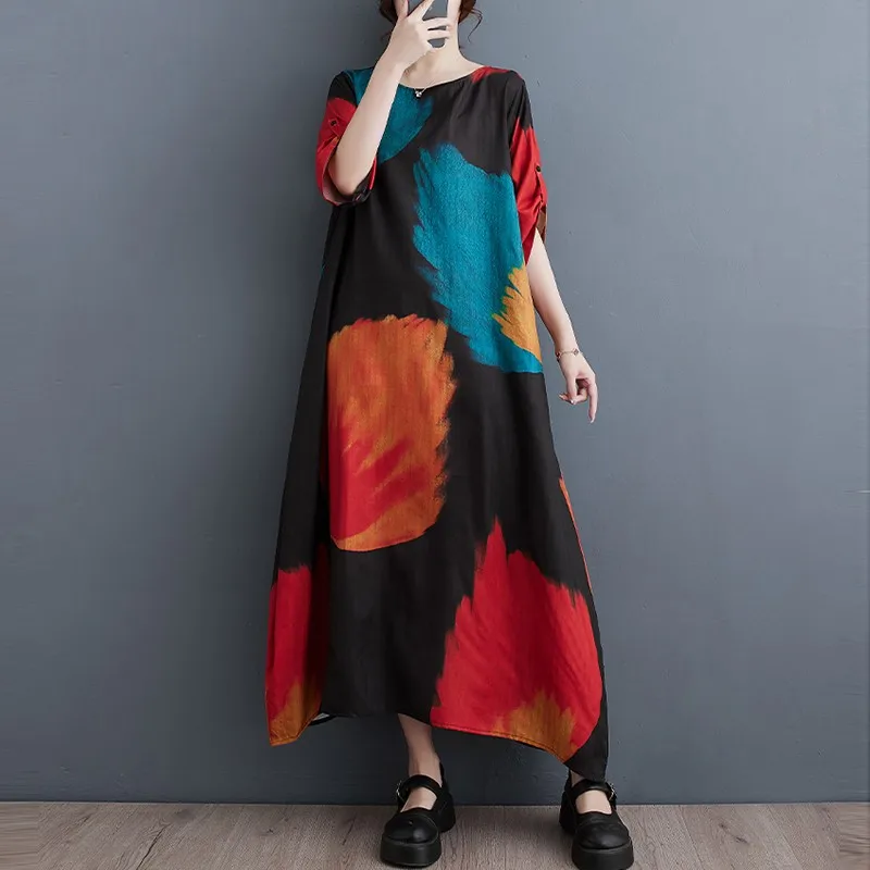 

High Quality Casual Dress Women New 2024 Summer Vintage Style O-neck Print Loose Comfortable Female A-line Long Dresses B3239
