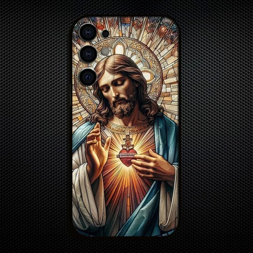 Classic Stained Glass Jesus Christ Phone Case - Elegant Black Cover