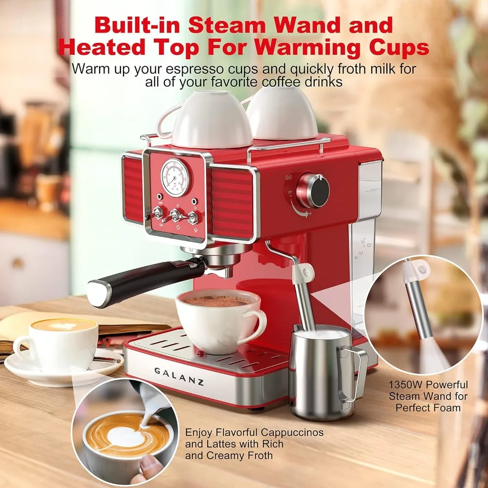 Retro Espresso Machine with Milk Frother, 15 Bar Pump Professional Cappuccino and Latte Machine, 1.5L Removable Water Tank 3