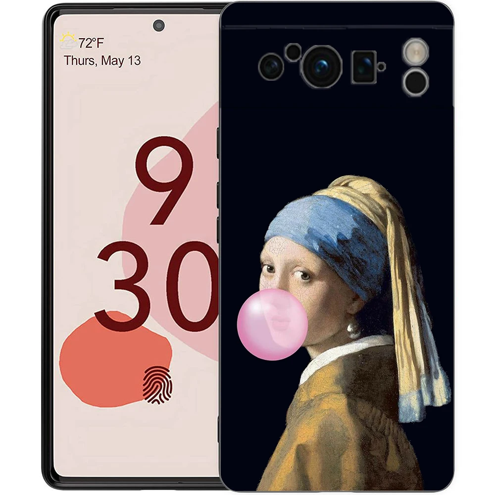 Artistic Shockproof Black Silicone Phone Case with David and Mona Lisa Design