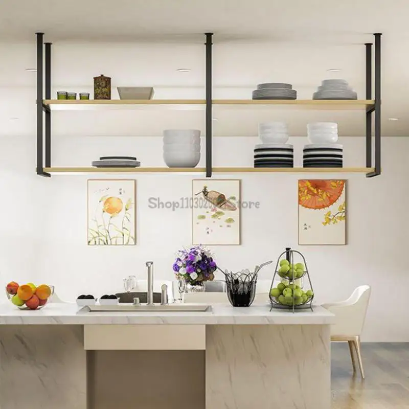 Nordic Solid Wood Kitchen Bar Hanging Rack Storage Rack Restaurant Iron Hanging Cabinet Metal Ceiling Wine